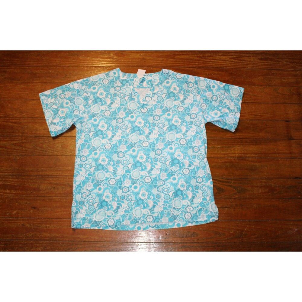 Happy Scrubs Women Short Sleeve Medical Scrub Size Small Flowers Swirls Blue